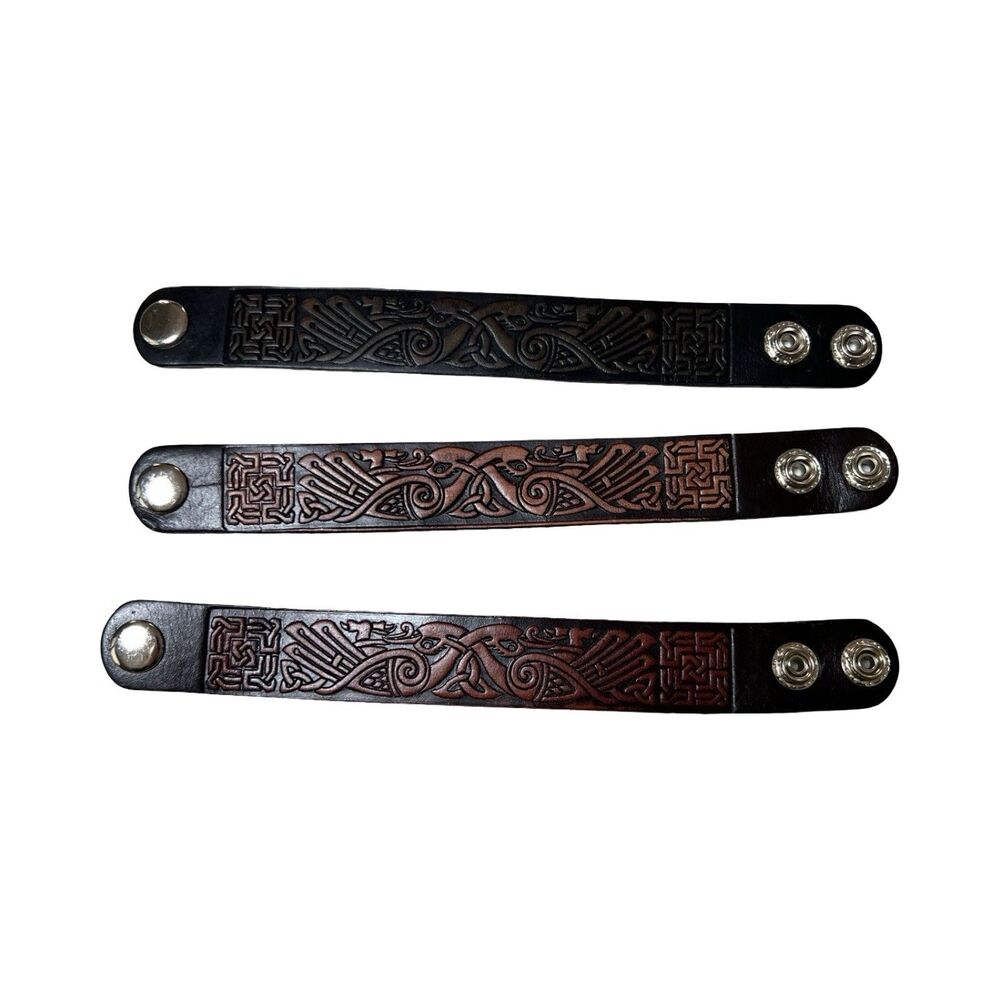 Embossed Leather Cuff Bracelet Snap Closure Adjustable Lot Of 3‎